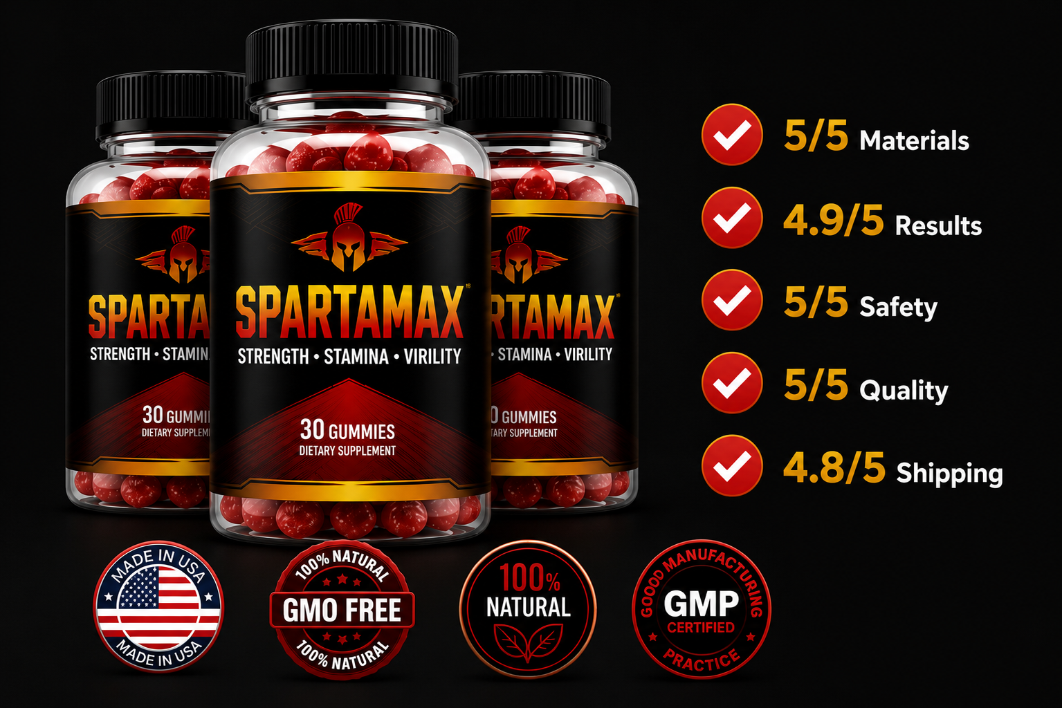 Spartamax bottles with quality ratings — Made in USA, GMO Free, 100% Natural, GMP Certified