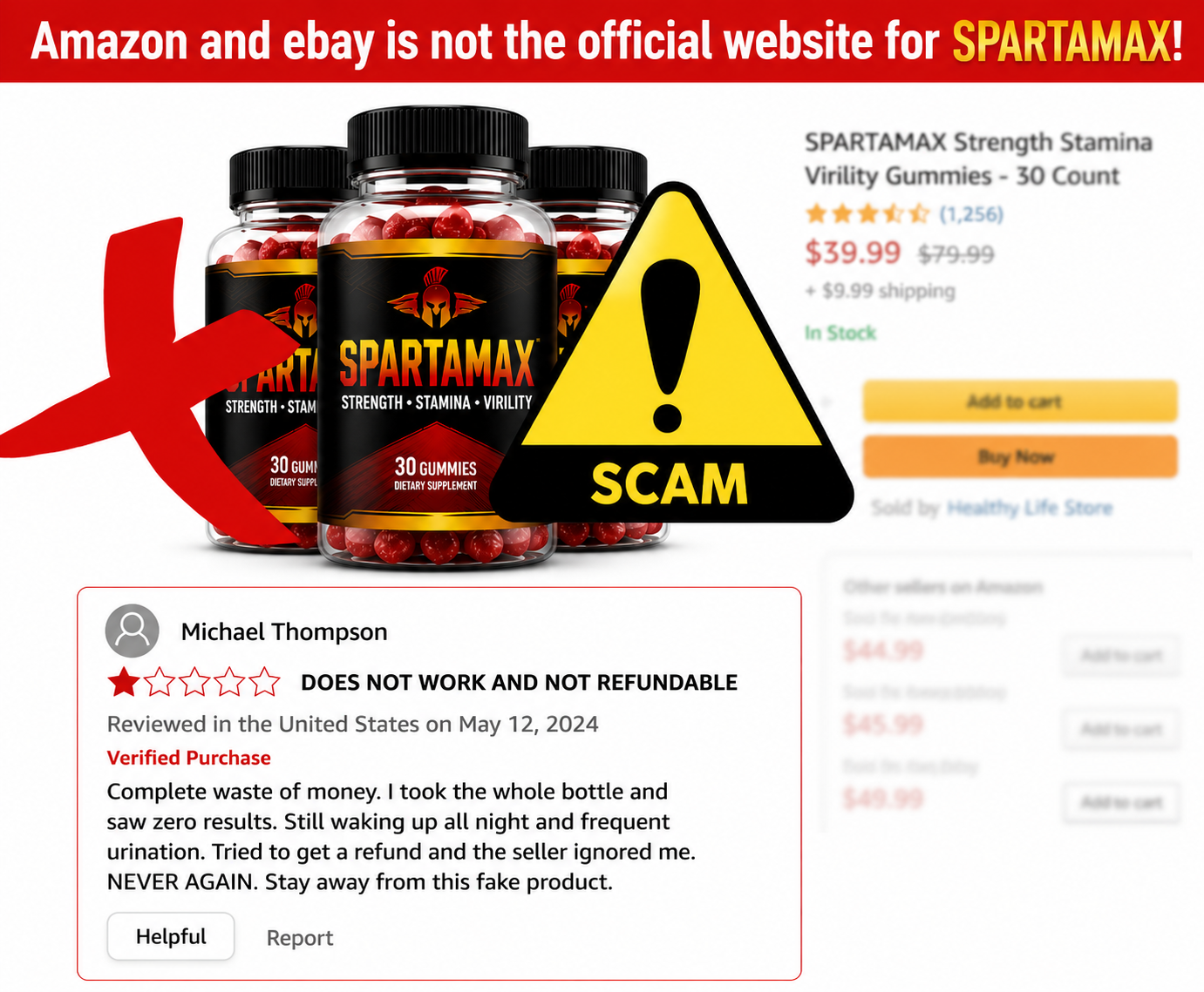 Amazon and eBay are not the official Spartamax website — counterfeit warning